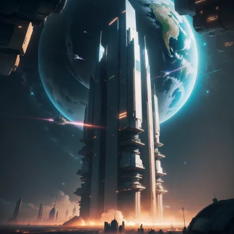A space station　A huge skyscraper stands　planet earth　futuristic cities　Space City　Huge construction　cyberpunked　top-quality　​masterpiece　超A high resolution　dream　ＳＦart by　Megacities