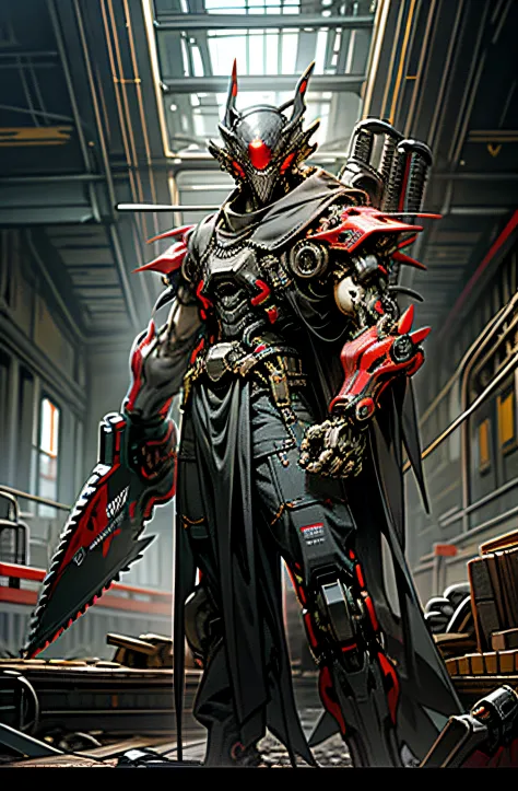 Dark_Fantasy,Cyberpunk,(chain saw,chain saw man,Red:1.1),1man,Mechanical marvel,Robotic presence,Cybernetic guardian,