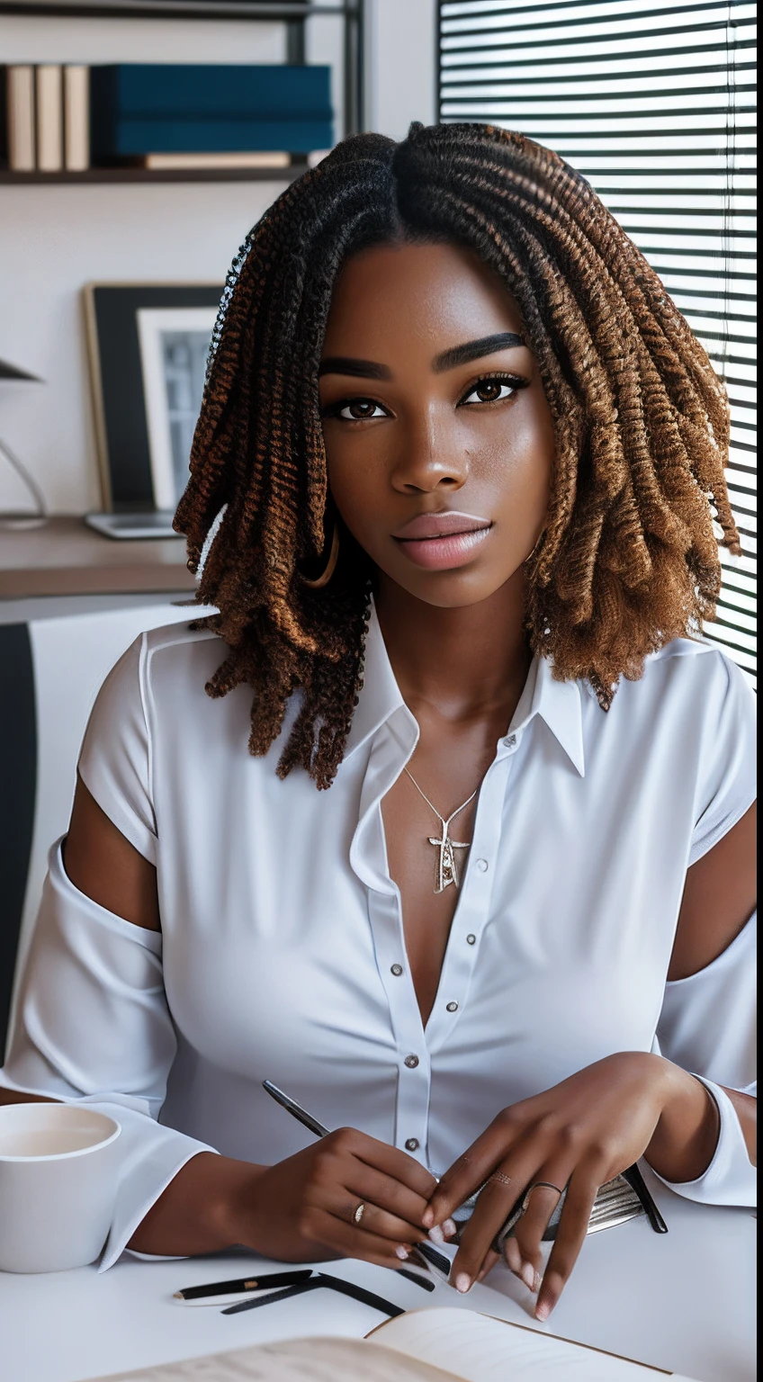 Woman with realistic black hair, brown skin, light eyes, perfect and flushed lips, 2, dressed in white dress shirt, freckles on the body, (freckles) (textures on the skin) ultra realistic, perfect lighting, photorealistic, highly detailed, perfect, hyperrealistic, real person, lots of sharpness, cinematic lighting, sitting on the desk facing a mandala coloring book, modern calming office room, realistic details,  Insane Detail, Natural Lighting, Natural Skin, Wallpaper Resolution: 16 x 9 --auto --s2