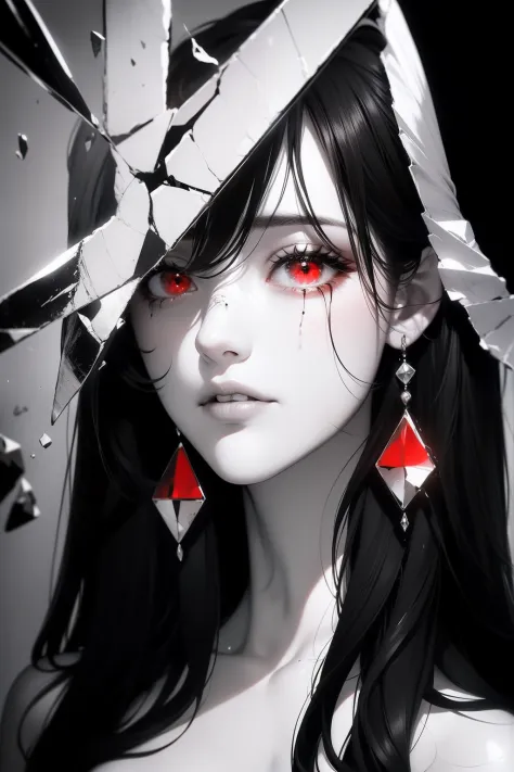 black andwhite，Absolutely beautiful woman，Bust，Broken mirror，Black and white splitting，Red tears，Black and white painting，Broken，sublevel，Black and white，Eroded by darkness and light，对称