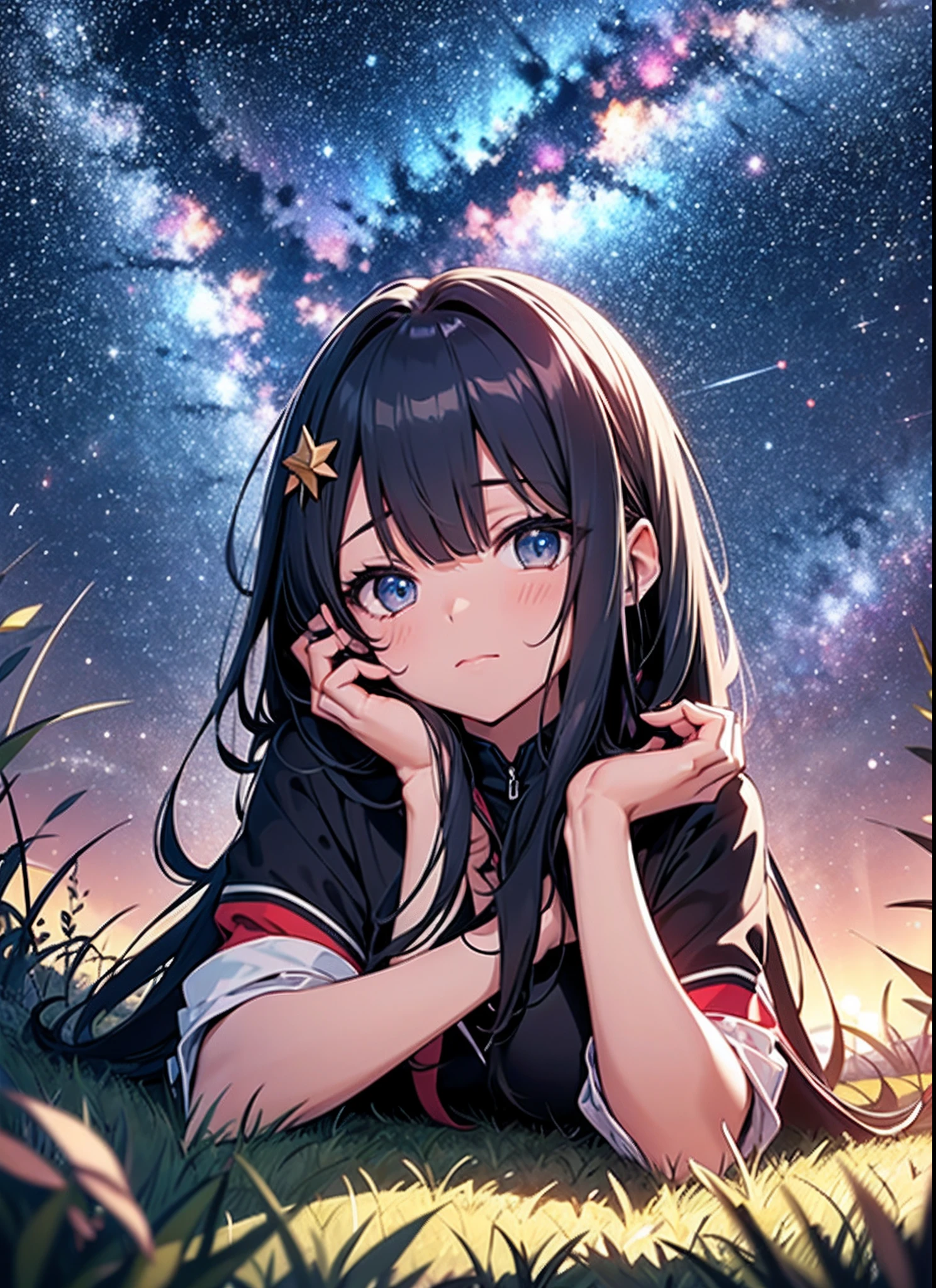 Describe a scene where a cute girl character is lying on a grassy hill, Looking up at the starry sky. Let her be surrounded by colorful nebulae and her favorite constellations.