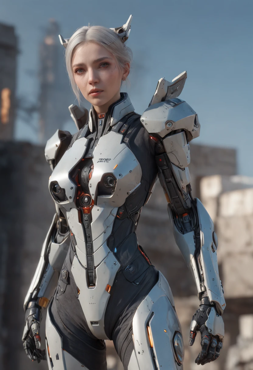 ((Best Quality)), ((Masterpiece)), (Very Detailed:1.3), 3D, Shitu-mecha, Beautiful cyberpunk woman wearing a crown with her mecha in ruins of a city of forgotten wars, streets with mecha in firefight, long silver hair, sci-fi technology, HDR (High Dynamic Range), ray tracing, NVIDIA RTX, super resolution, Unreal 5, subsurface scattering, PBR texture, post-processing, anisotropic filtering, depth of field, maximum sharpness and sharpness, Multi-layer textures, albedo and specular maps, surface shading, accurate simulation of light-material interactions, perfect ratios, octane rendering, duotone lighting, low ISO, white balance, rule of thirds, wide aperture, 8K RAW, efficient sub-pixels, subpixel convolution, luminous particles, light scattering, Tyndall effect
