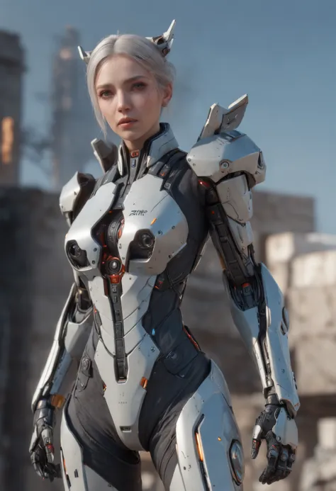 ((Best Quality)), ((Masterpiece)), (Very Detailed:1.3), 3D, Shitu-mecha, Beautiful cyberpunk woman wearing a crown with her mecha in ruins of a city of forgotten wars, streets with mecha in firefight, long silver hair, sci-fi technology, HDR (High Dynamic ...