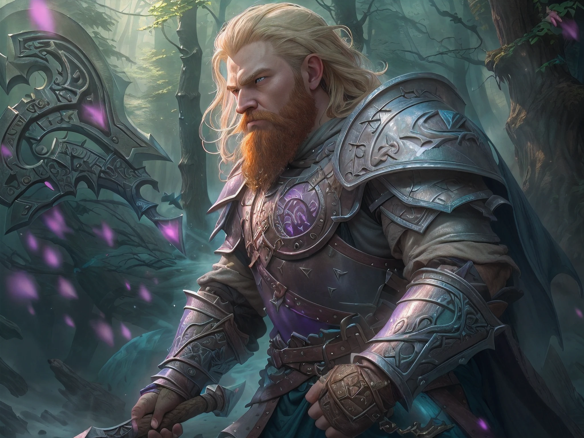 a picture of dwarf paladin of the crown protecting the palace, 1male dwarf, holy knight, protector of the crown, full body (best details, Masterpiece, best quality :1.5), blond hair, long hair, blond beard, full body (best details, Masterpiece, best quality :1.5), ultra detailed face (best details, Masterpiece, best quality :1.5), muscular, blond hair, long hair, braided hair, blue eyes, intense eyes, wearying heavy armor,  white armor (best details, Masterpiece, best quality :1.5), purple cloak, flowing cloak, armed with an axe fantasyaxe axe, glowing axe, glowing runes on axe, GlowingRunes_purple,  fantasy palace background, D&D art, RPG art, magical atmosphere magic-fantasy-forest, ultra best realistic, best details, best quality, 16k, [ultra detailed], masterpiece, best quality, (extremely detailed), ultra wide shot, photorealism, depth of field, hyper realistic painting, 3D rendering