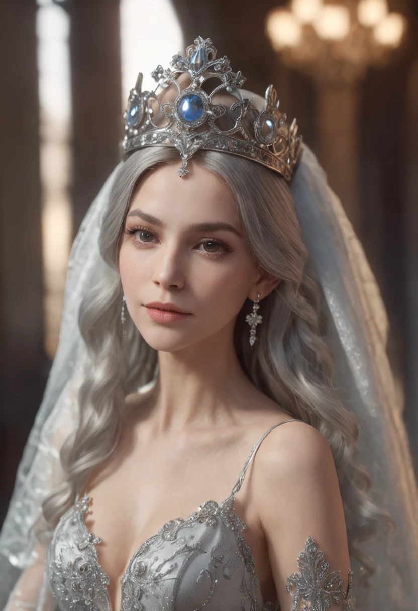 ((Best Quality)), ((Masterpiece)), (Very Detailed:1.3), 3D, Shitu-mecha, Beautiful evening gown woman wearing a crown with her tiara in ballroom, long silver hair, sci-fi technology, HDR (High Dynamic Range), ray tracing, NVIDIA RTX, super resolution, Unreal 5, subsurface scattering, PBR texture, post-processing, anisotropic filtering, depth of field, maximum sharpness and sharpness, Multi-layer textures, albedo and specular maps, surface shading, accurate simulation of light-material interactions, perfect ratios, octane rendering, duotone lighting, low ISO, white balance, rule of thirds, wide aperture, 8K RAW, efficient sub-pixels, subpixel convolution, luminous particles, light scattering, Tyndall effect