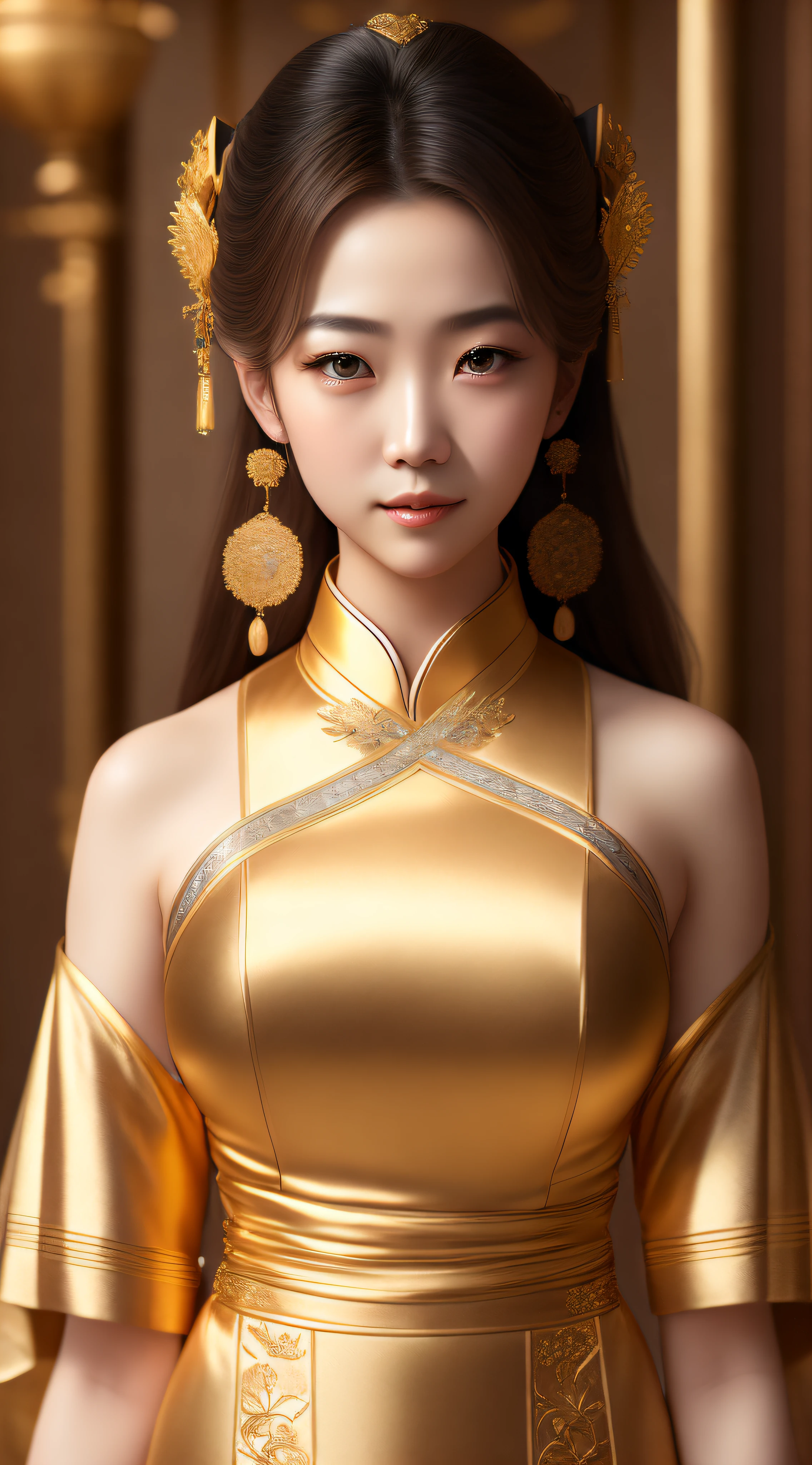 Лучшее качество,шедевр,сверхвысокое разрешение,(фотореалистичный:1.4),аниме девушка,плечо,очаровательный,смотрю в камеру,Уси ,золотое китайское платье