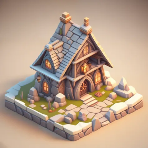 Isometric house, RPG style, Cartoony, DnD, fantasy, mobile game，Primitives，Animal bones，stone，wood