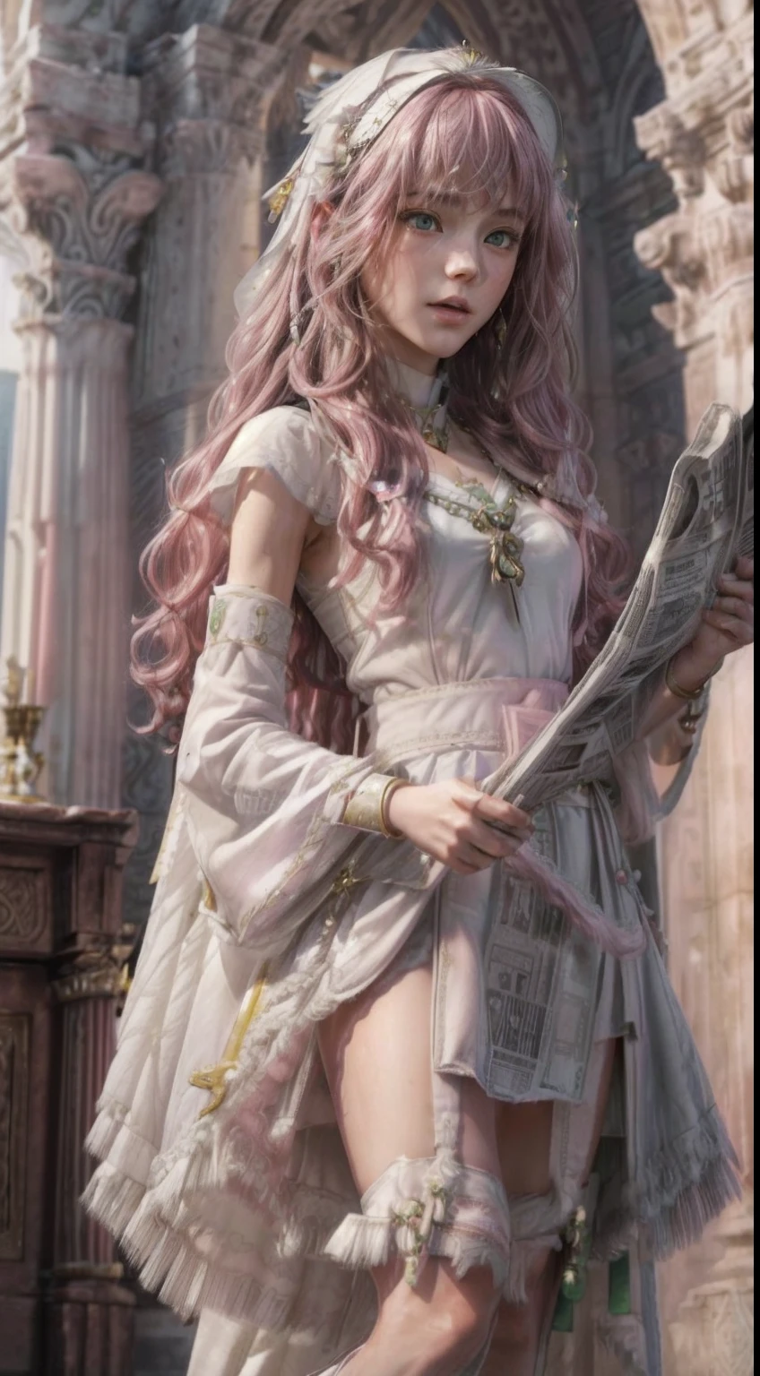 masterpiece, Highly detailed, super realistic, detailed background, bright Lighting, Daylight, beautiful face, beautiful eyes,
 medieval style, 4k, 8k, 1girl, solo, 
(14-years-old magical princess:1.2), (pretty face),(pink-wavy-hair and green-eyes:1.5),
wearing (White Archbishop's ceremonial long dress:1.5), (Golden bracelet), (tube top), (Necklace), (Jewelry), (slender:1.5),
 (small breasts), (pretty face), (loli), (looking away),(Roman sandals:1.5),
(in the Royal Palace Living Room),(Standing up and reading the newspaper:1.5),
(surprised),(Open mouth),