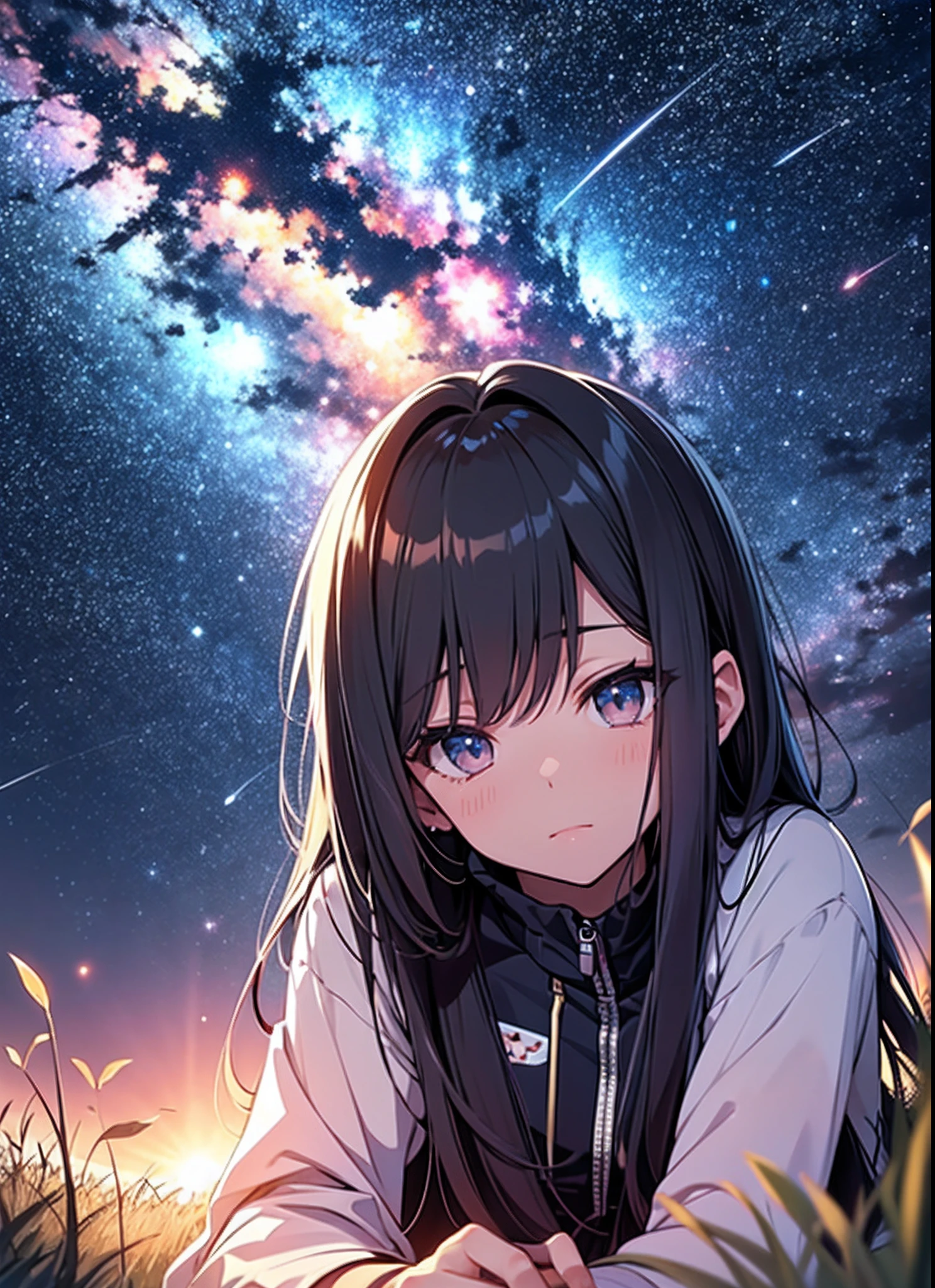 Describe a scene where a cute girl character is lying on a grassy hill, Looking up at the starry sky. Let her be surrounded by colorful nebulae and her favorite constellations.