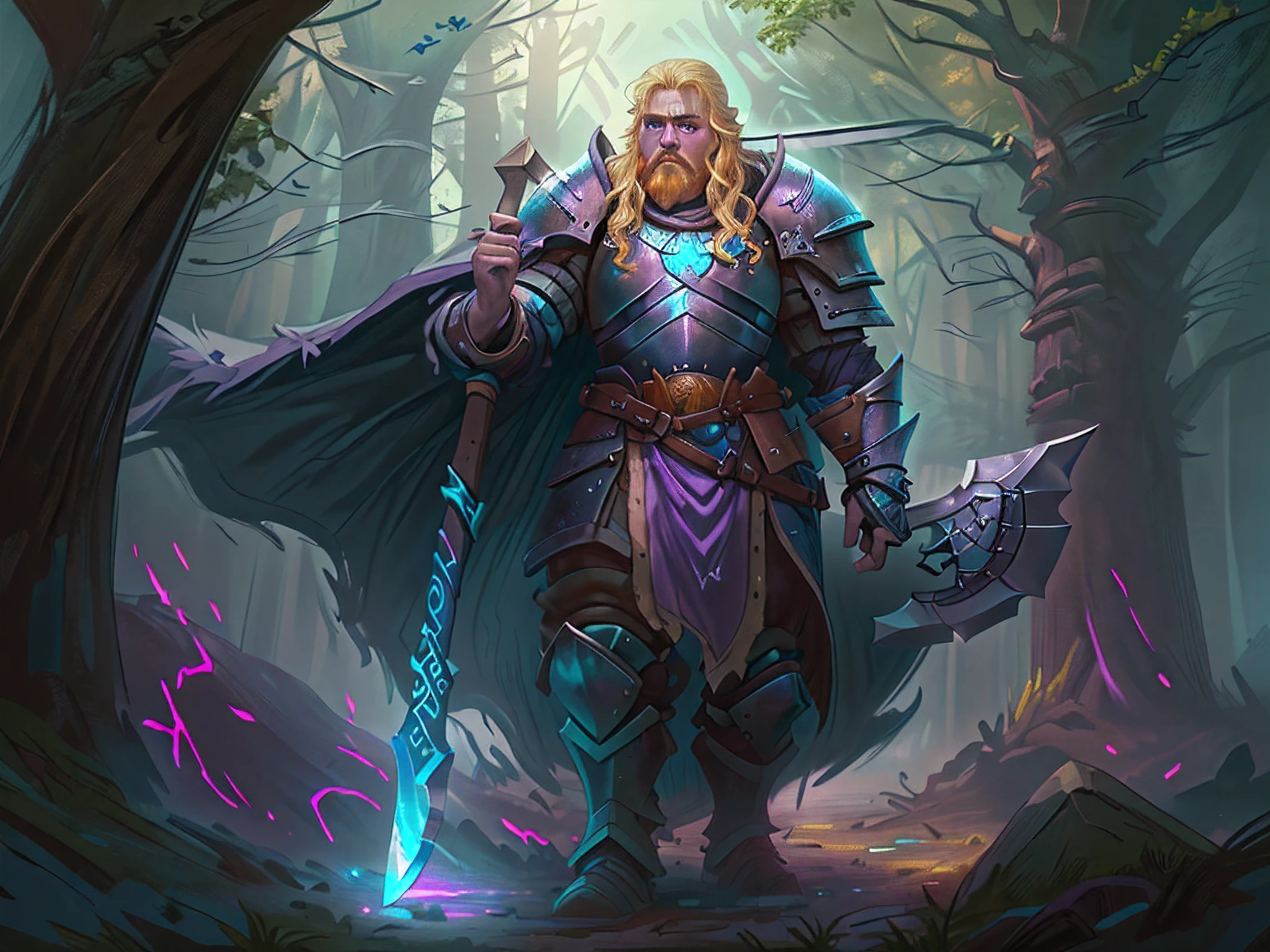 a picture of dwarf paladin of the crown protecting the palace, 1male dwarf, holy knight, protector of the crown, full body (best details, Masterpiece, best quality :1.5), blond hair, long hair, blond beard, full body (best details, Masterpiece, best quality :1.5), ultra detailed face (best details, Masterpiece, best quality :1.5), muscular, blond hair, long hair, braided hair, blue eyes, intense eyes, wearying heavy armor,  white armor (best details, Masterpiece, best quality :1.5), purple cloak, flowing cloak, armed with an axe fantasyaxe axe, glowing axe, glowing runes on axe, GlowingRunes_purple,  fantasy palace background, D&D art, RPG art, magical atmosphere magic-fantasy-forest, ultra best realistic, best details, best quality, 16k, [ultra detailed], masterpiece, best quality, (extremely detailed), ultra wide shot, photorealism, depth of field, hyper realistic painting,