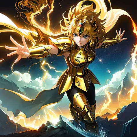 (masterpiece), (best quality), (1girl), girl in golden armor, cool pose, battle field background, fire background, saint seiya armor, messy hair