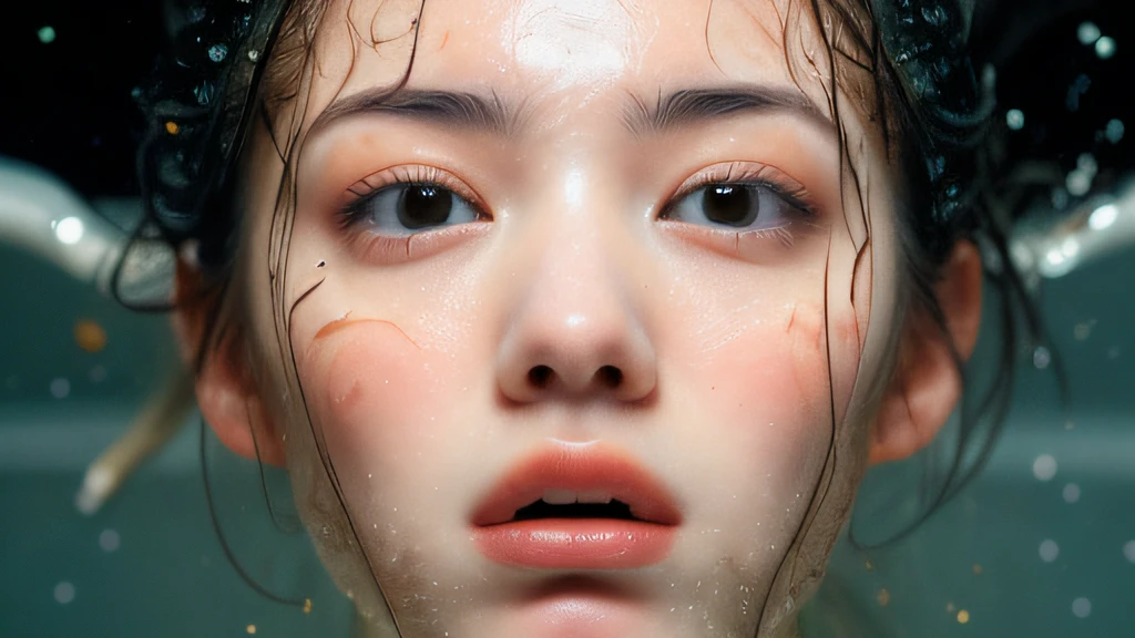 ((top quality, 8k, masterpiece: 1.3)), woman (naked in hot springs), sweating, water droplets on forehead of face, outdoors, background urban cityscape, overhead camera, sharp focus: 1.2, cute woman: 1.4, (((layered haircut)), (white shirt), very detailed face and skin and hair texture, knotted black hair, wet texture hair, wet body, detailed eyes, Double eyelids, white skin, beautiful legs, beautiful delicate nose, cute young Japan woman, 28 years old, with dynamic angles, it is pleasing to the eye and suggestive composition, while emphasizing the subject's hair, eyes, mouth and action, while exuding melancholy emotions characterized by a contrasting mix of calm tones and light and shadow.