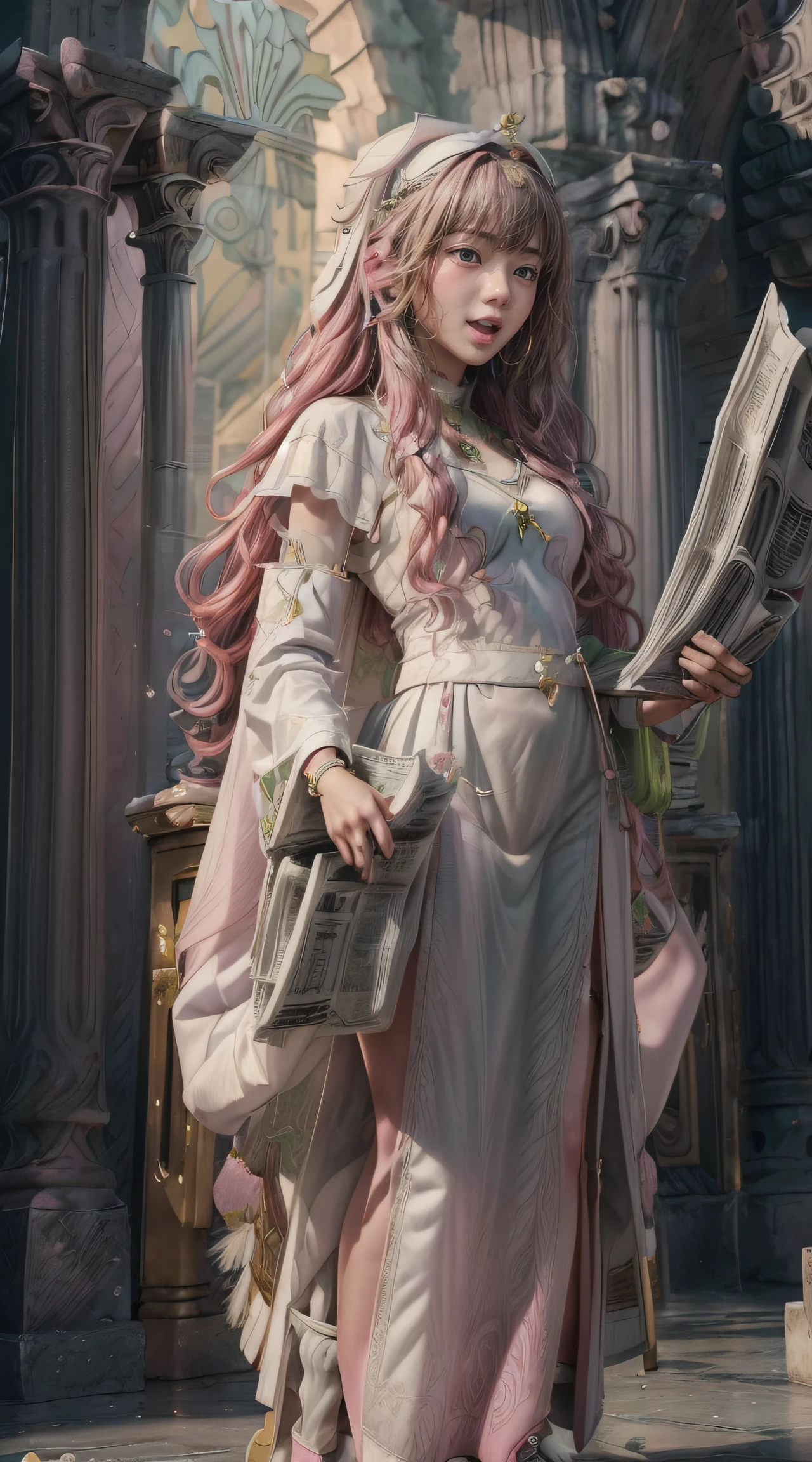 masterpiece, Highly detailed, super realistic, detailed background, bright Lighting, Daylight, beautiful face, beautiful eyes,
 medieval style, 4k, 8k, 1girl, solo, 
(14-years-old magical princess:1.2), (pretty face),(pink-wavy-hair and green-eyes:1.5),
wearing (White Archbishop's ceremonial long dress:1.5), (Golden bracelet), (tube top), (Necklace), (Jewelry), (slender:1.5),
 (small breasts), (pretty face), (loli), (looking away),(Roman sandals:1.5),
(in the Royal Palace Living Room),(Standing up and reading the newspaper:1.5),
(surprised),(Open mouth),