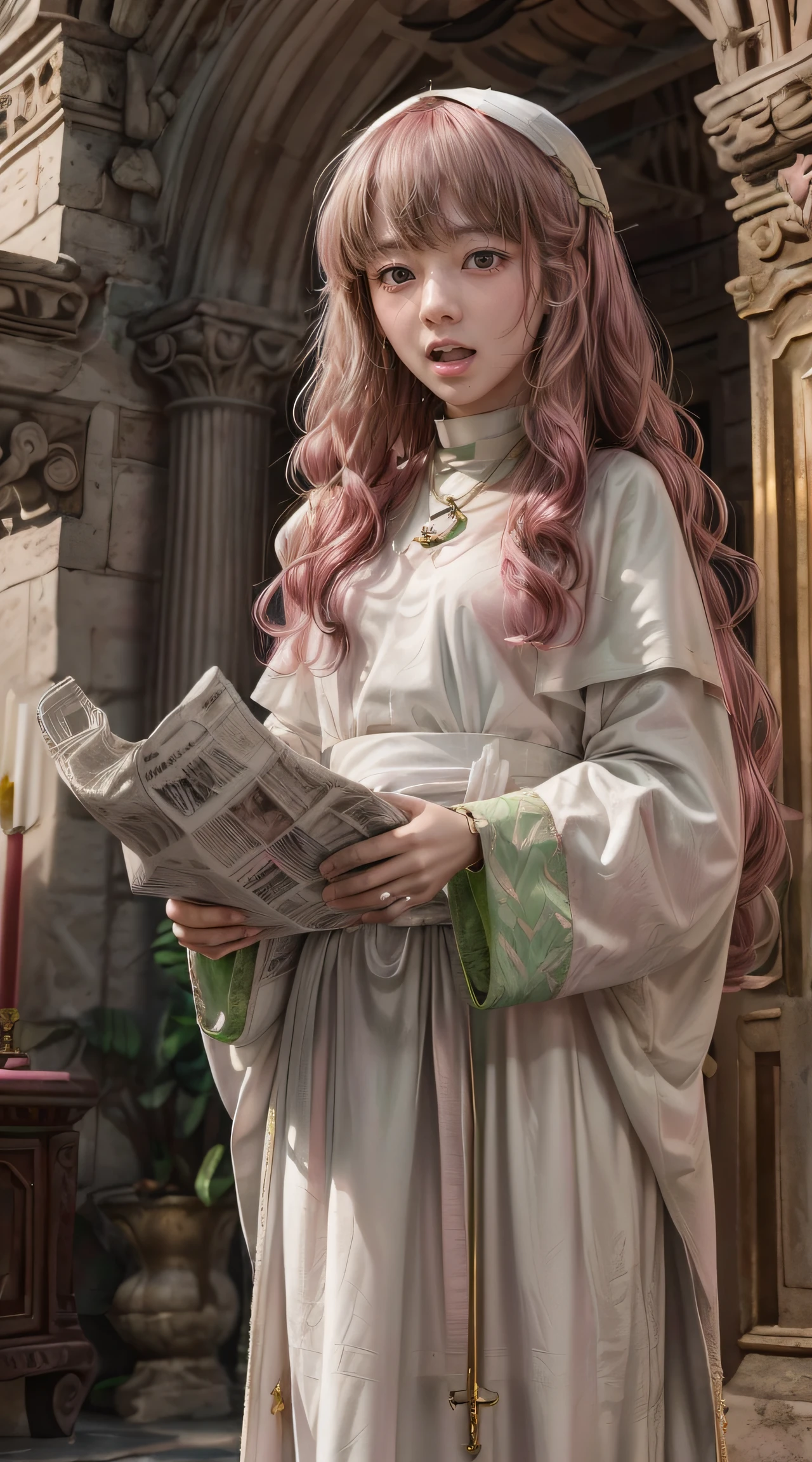 masterpiece, Highly detailed, super realistic, detailed background, bright Lighting, Daylight, beautiful face, beautiful eyes,
 medieval style, 4k, 8k, 1girl, solo, 
(14-years-old magical princess:1.2), (pretty face),(pink-wavy-hair and green-eyes:1.5),
wearing (White Archbishop's ceremonial long dress:1.5), (Golden bracelet), (tube top), (Necklace), (Jewelry), (slender:1.5),
 (small breasts), (pretty face), (loli), (looking away),(Roman sandals:1.5),
(in the Royal Palace Living Room),(Standing up and reading the newspaper:1.5),
(surprised),(Open mouth),