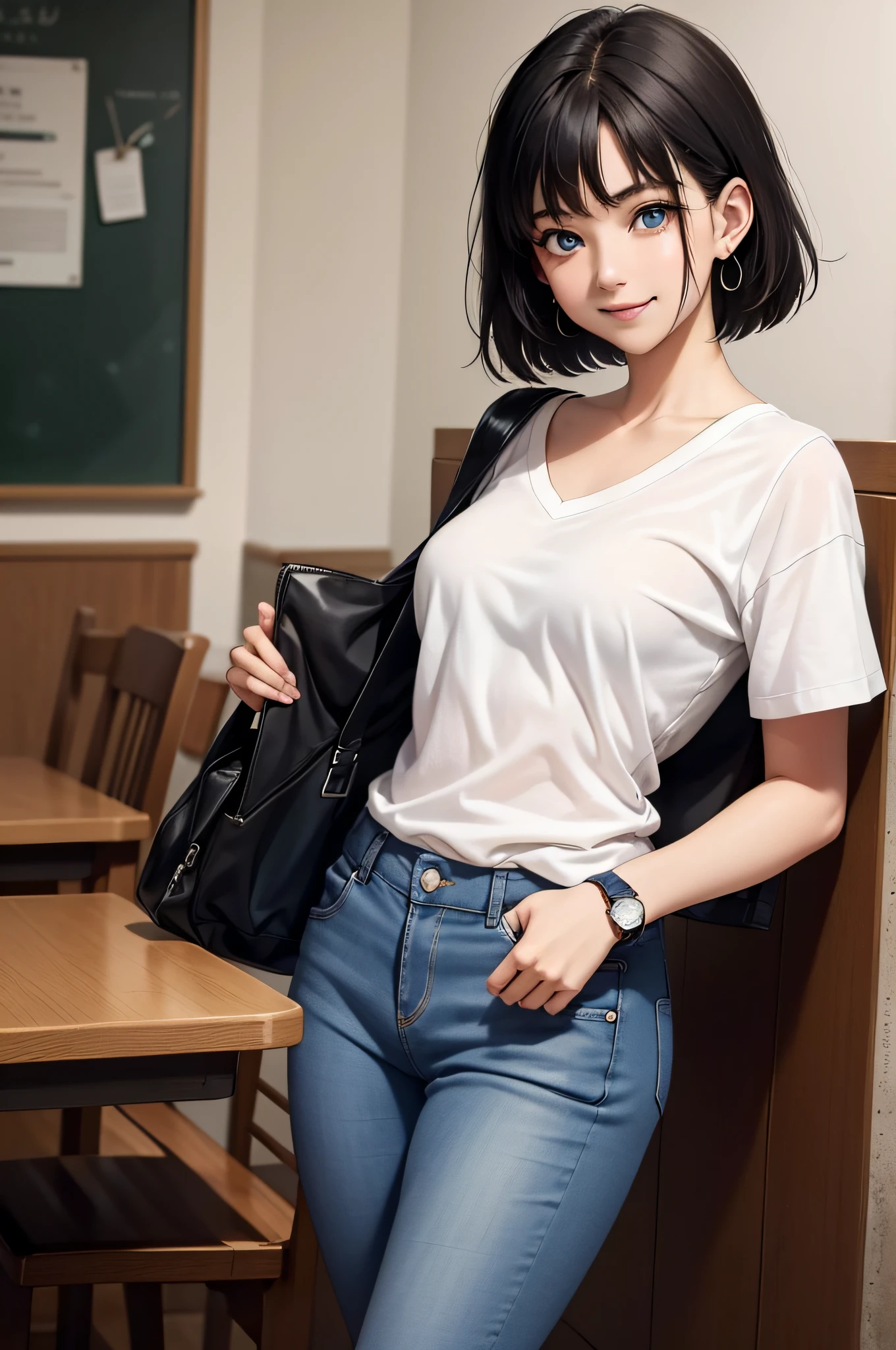 videl de l&#39;anime Dragon Ball, cheveux courts, cheveux noirs, yeux bleus, queue de cheval, Magnifique, Belle femme, corps parfait, seins parfaits, Porte une chemise blanche, Gilet noir, jean long, Sac à main, porte une montre, porte des boucles d&#39;oreilles , en classe , sur le campus, université, tableau noir, regarder le spectateur, un petit sourire, le réalisme, chef-d&#39;œuvre, Peau texturée, Super détaillé, détail élevé, haute qualité, meilleure qualité, 1080P, 16k