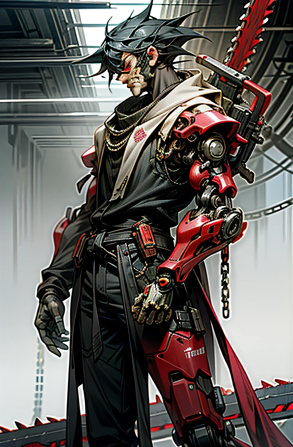 escuro_fantasia,ciberpunk,(motosserra,motosserra man,Vermelho:1.1),1 homem,Maravilha Mecânica,Presença robótica,Guardião cibernético,