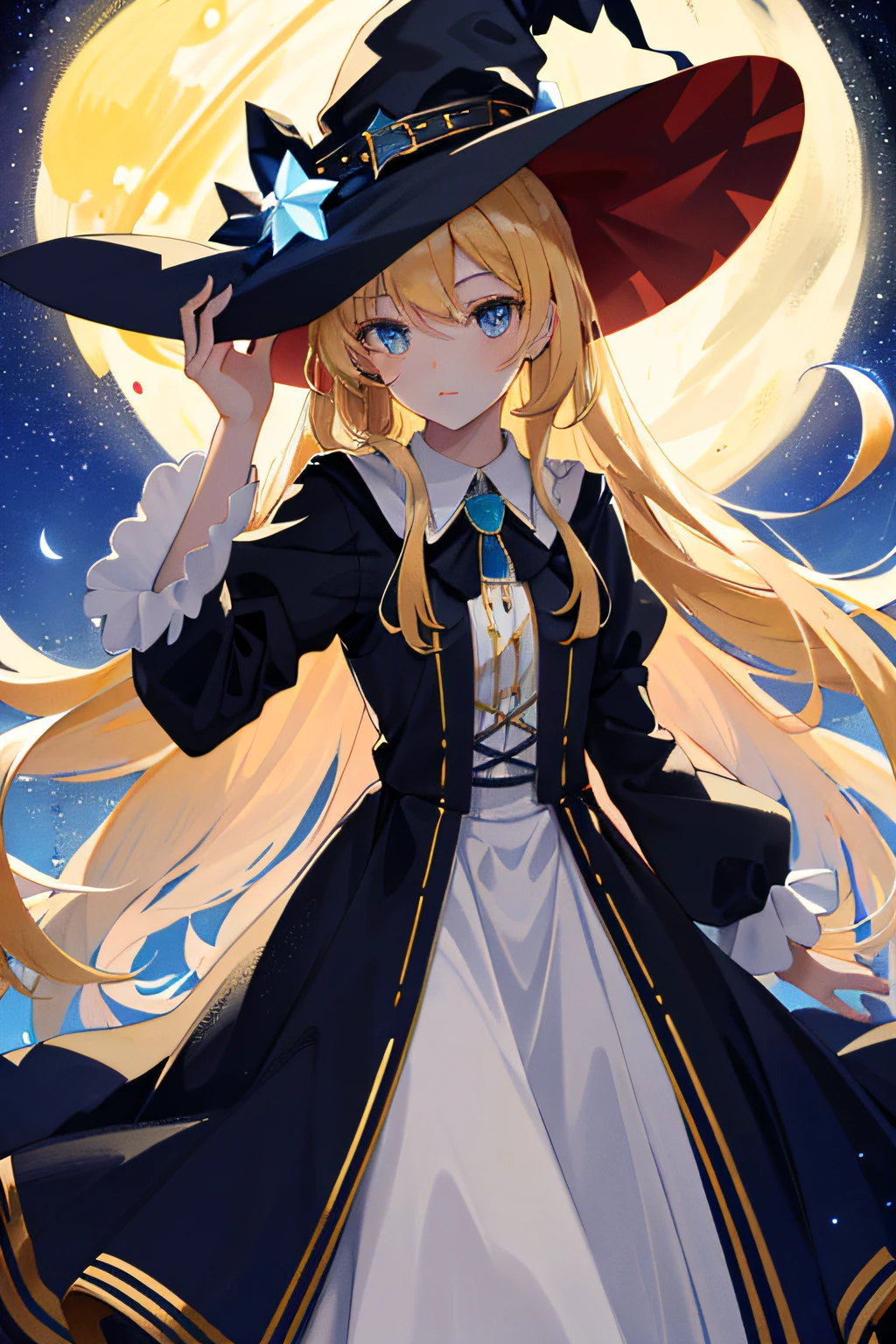 ((Masterpiece:1.2, Best quality)), 1girll, Solo, (Witch hat), Blonde hair, Long hair, dress, aurora, Night, Star (sky), mitts, sky, White dress, Night days