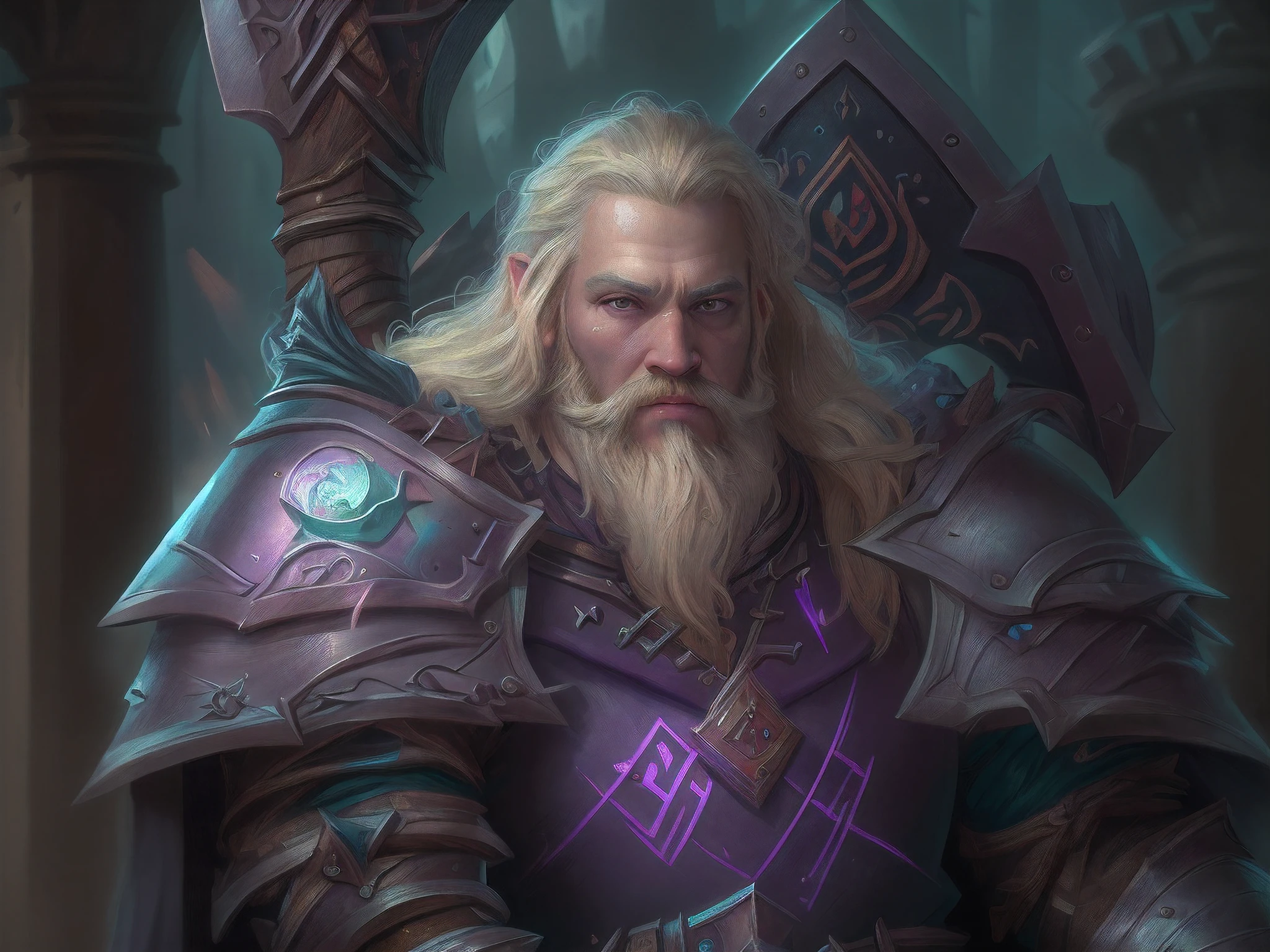 a picture of dwarf paladin of the crown protecting the palace, 1male dwarf, holy knight, protector of the crown, full body (best details, Masterpiece, best quality :1.5), blond hair, long hair, blond beard, full body (best details, Masterpiece, best quality :1.5), ultra detailed face (best details, Masterpiece, best quality :1.5), muscular, blond hair, long hair, braided hair, blue eyes, intense eyes, wearying heavy armor,  white armor (best details, Masterpiece, best quality :1.5), purple cloak, flowing cloak, armed with an axe fantasyaxe axe, glowing axe, glowing runes on axe, GlowingRunes_purple,  fantasy palace background, D&D art, RPG art, magical atmosphere magic-fantasy-forest, ultra best realistic, best details, best quality, 16k, [ultra detailed], masterpiece, best quality, (extremely detailed), ultra wide shot, photorealism, depth of field, hyper realistic painting,