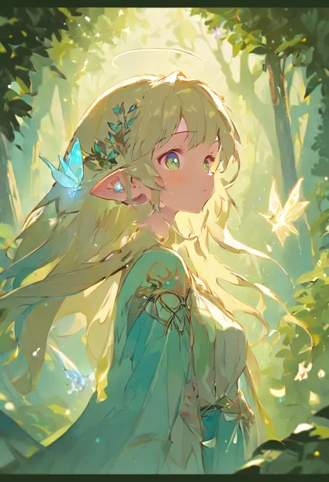 Image type：illustration、Fantasy painting theme：tiny faeries(Highest definition)(cute facial features) Details keywords：ln the forest、Wisteria rose、As estrelas、the elf、(ultra intricately detailed) enviroment：mistic、peacful、Huge lighting effects：Soft sunligh...