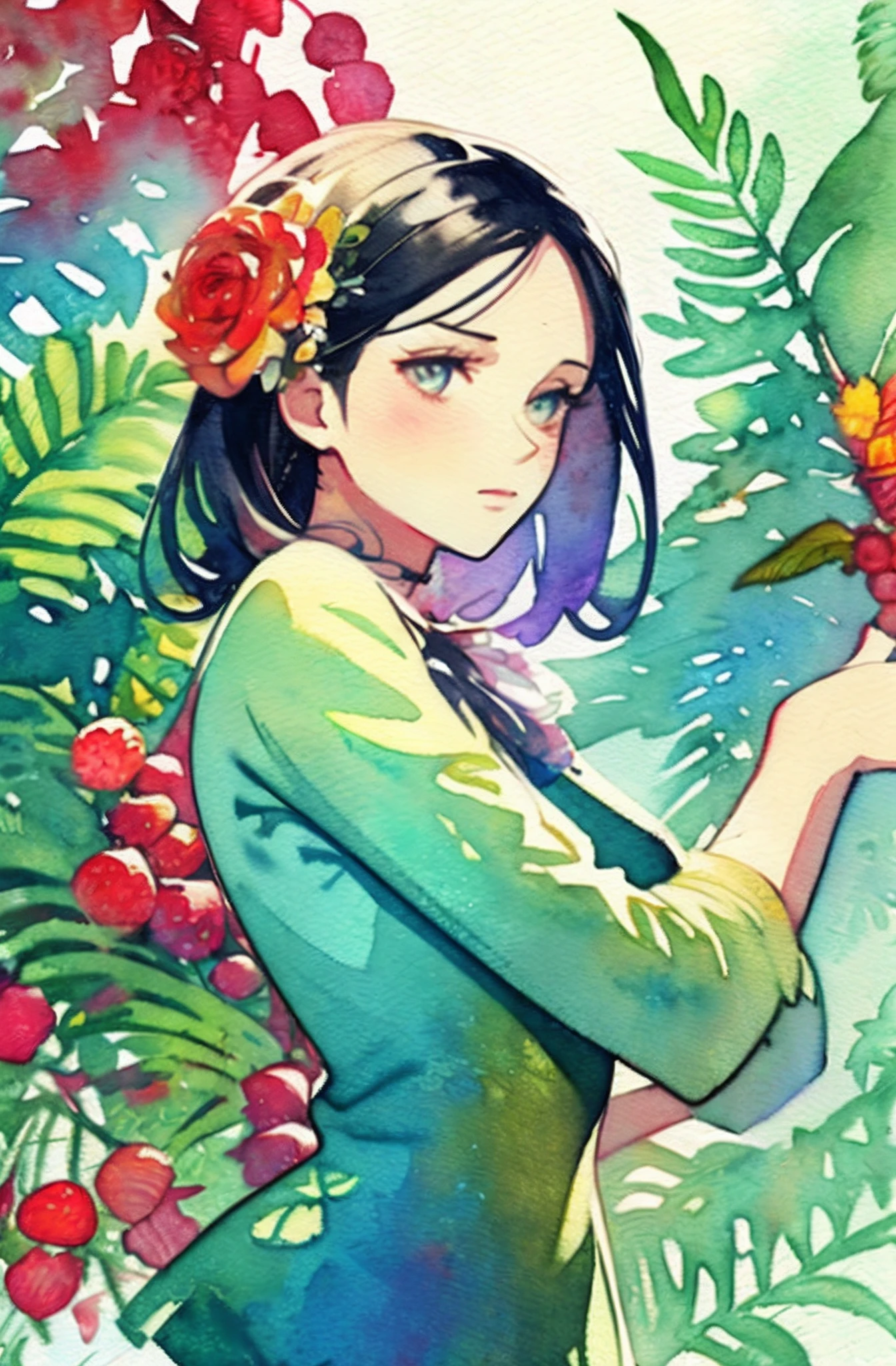 ((super detailed), beautiful flowers, berries, ferns, leaves, (watercolor pattern) of calming colors, (watercolor texture:1.2), ((1 girl)), nico robin, cute,