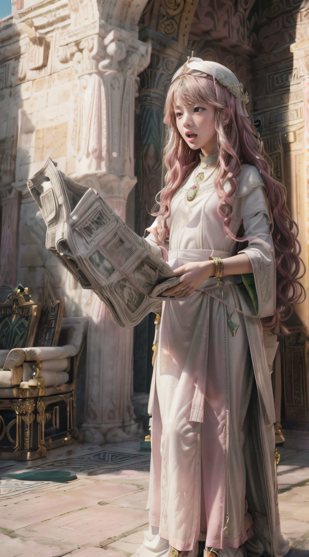 masterpiece, Highly detailed, super realistic, detailed background, bright Lighting, Daylight, beautiful face, beautiful eyes,
 medieval style, 4k, 8k, 1girl, solo, 
(14-years-old magical princess:1.2), (pretty face),(pink-wavy-hair and green-eyes:1.5),
wearing (White Archbishop's ceremonial long dress:1.5), (Golden bracelet), (tube top), (Necklace), (Jewelry), (slender:1.5),
 (small breasts), (pretty face), (loli), (looking away),(Roman sandals:1.5),
(in the Royal Palace Living Room),(Standing up and reading the newspaper:1.5),
(surprised),(Open mouth),