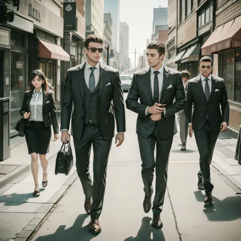 Men and women walking,Downtown,A refreshing morning,wears a suit,Young recruits