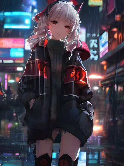Night, colorful cyberpunk city background, rain, street, teenage girl in cozy sweater, loli, red eyes, glowing eyes, black stockings, backlight, glow, looking at the audience, low angle lens, looking up lens, perfect composition, perfect light and shadow d...