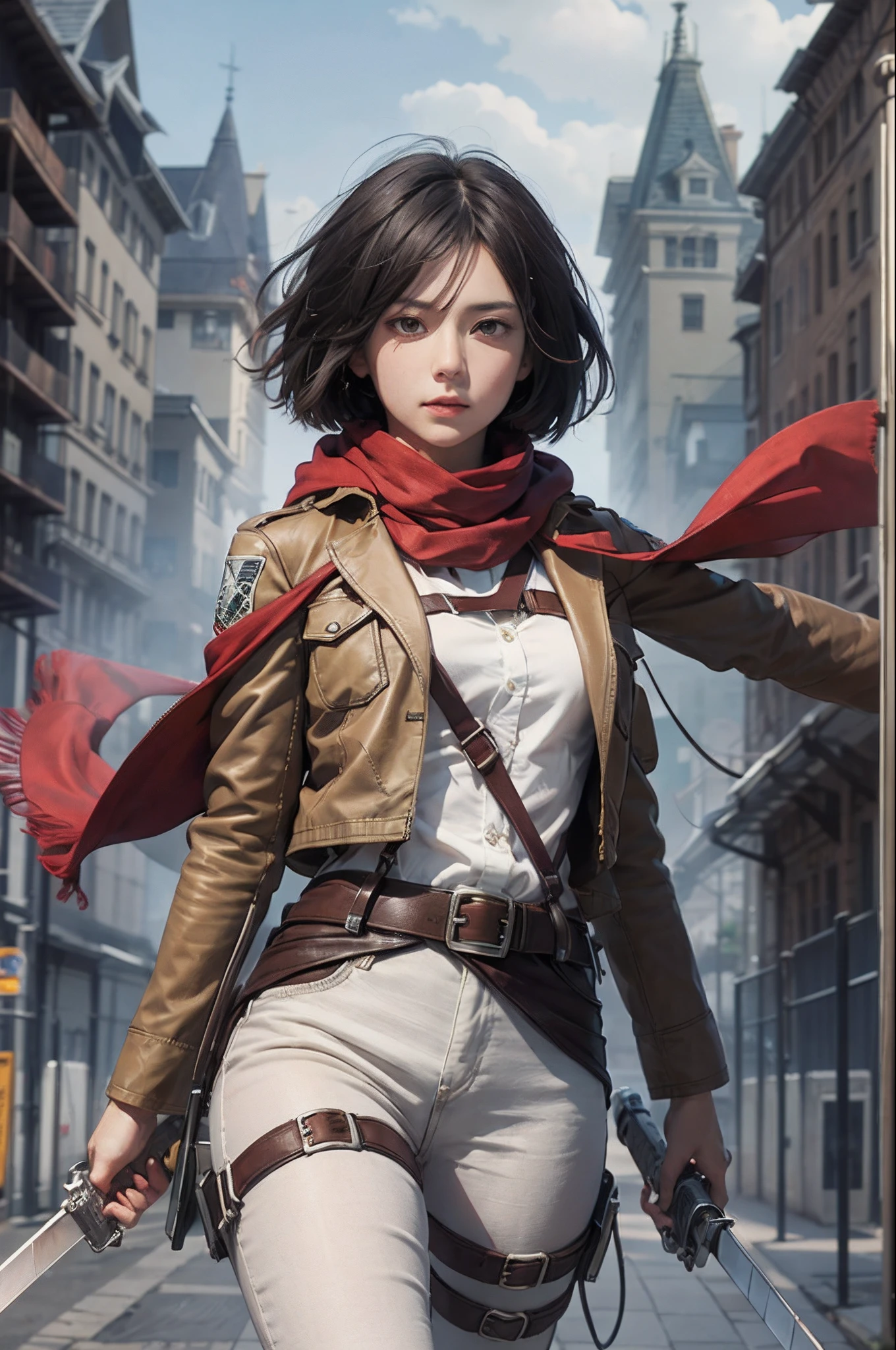 Mikasa, Masterpiece, Best quality, A high resolution, Short hair, Black eyes, Scarf, emblem, belt, thigh band, Red scarf, White pants, Brown jacket, Long sleeves, holding weapon, sword, dual wielding, Three-dimensional electric gear, Arms spread wide, standing on one leg, Wide shot, sky, Highest quality, high resolution.