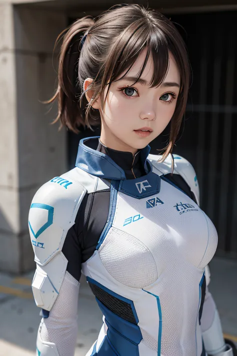 white combat suit with blue pattern, 1 girl, f/1.2, masutepiece, nffsw, textured skin, high details, best quality