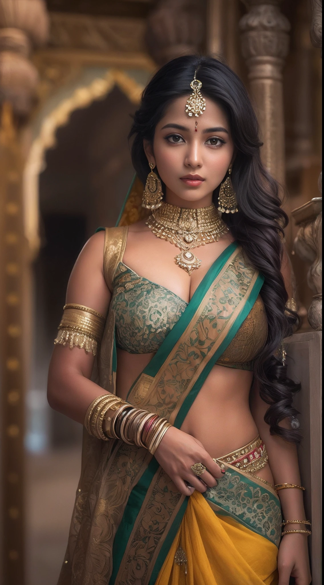 a woman in a sari posing for a picture, indian goddess, traditional beauty, indian, beautiful goddess, ornate cosplay, indian style, indian super model, beautiful maiden, gorgeous woman, south east asian with long, provocative indian, gorgeous beautiful woman, intricate outfit, hindu aesthetic, beautiful asian girl, extremely detailed goddess shot, jaw-dropping beauty, big  deep cleavage sexy navel