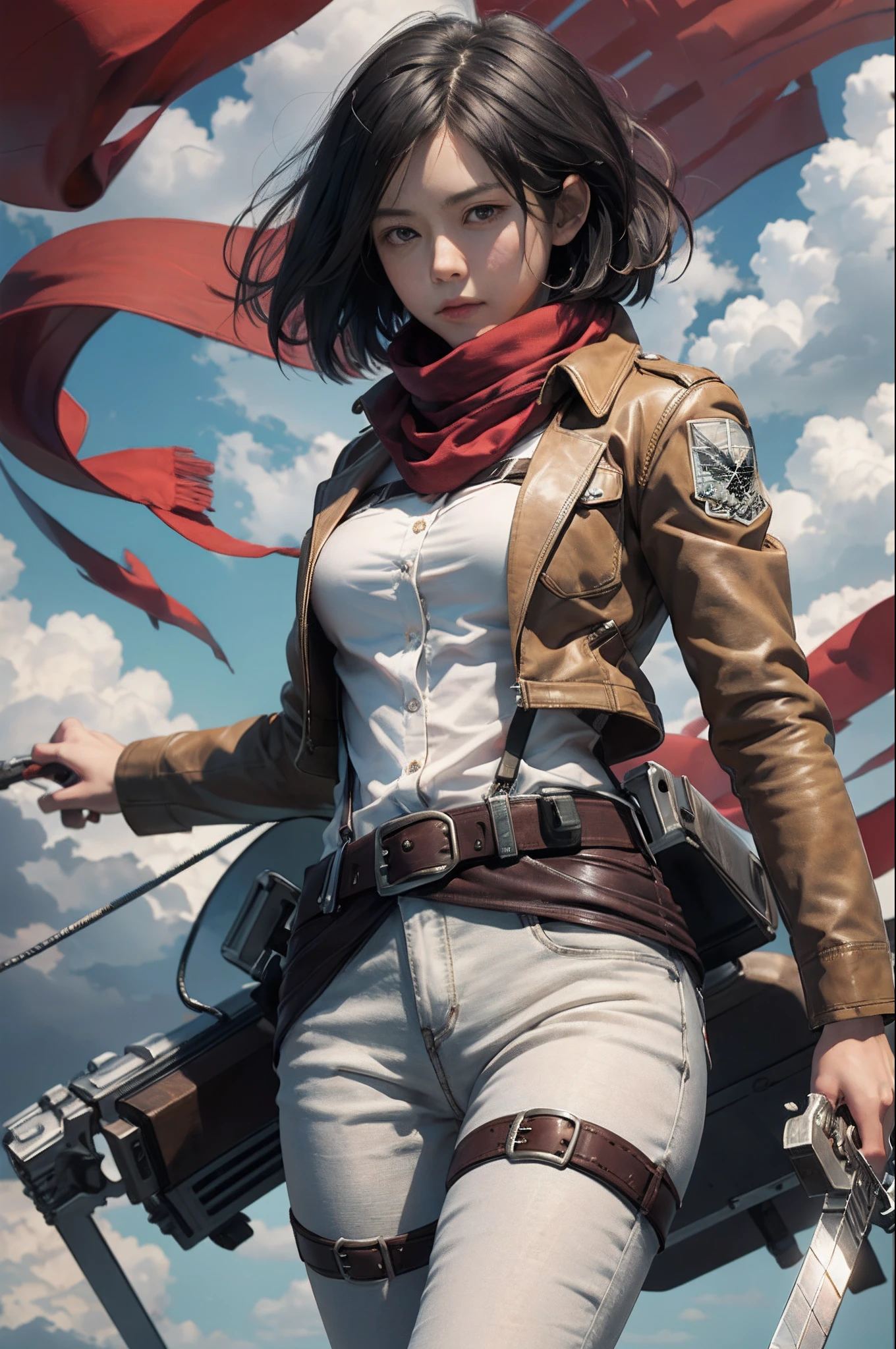 Mikasa, Masterpiece, Best quality, A high resolution, Short hair, Black eyes, Scarf, emblem, belt, thigh band, Red scarf, White pants, Brown jacket, Long sleeves, holding weapon, sword, dual wielding, Three-dimensional electric gear, Arms spread wide, standing on one leg, Wide shot, sky, Highest quality, high resolution.
