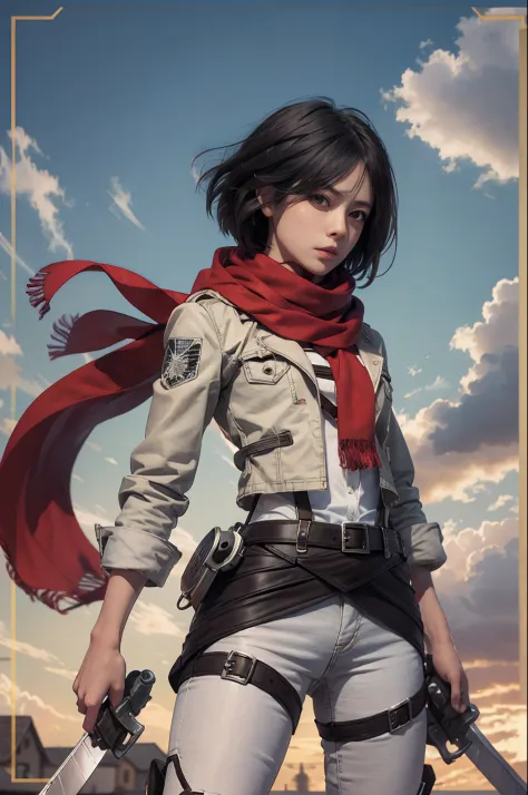 Mikasa, Masterpiece, Best quality, A high resolution, Short hair, Black eyes, Scarf, emblem, belt, thigh band, Red scarf, White pants, Brown jacket, Long sleeves, holding weapon, sword, dual wielding, Three-dimensional electric gear, Arms spread wide, stan...