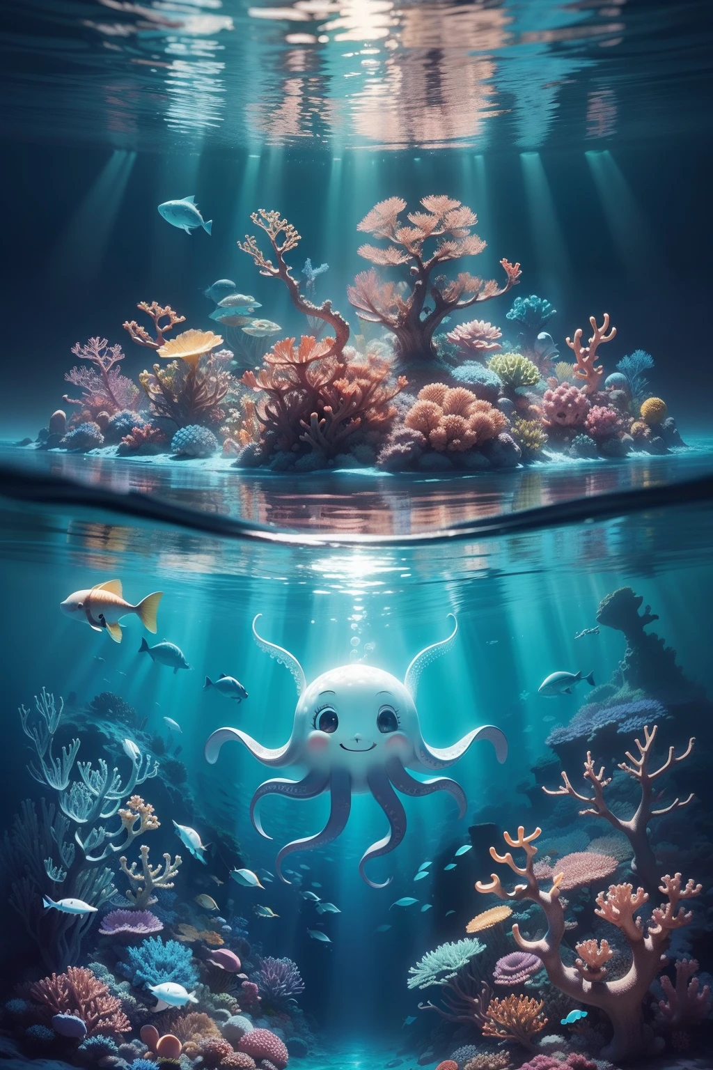 Please create a charming picture for a children's book. In the center of the image, there is a friendly octopus with eight tentacles, smiling happily. He's swimming at the bottom of the ocean, surrounded by colorful corals that rise up like magical towers. Playful little fish swim around the octopus, as if participating in an underwater dance. The water is crystal clear and gently shimmers with sunlight that penetrates from the waves at the surface. I want this image to be full of vibrant color and convey the wonder and beauty of the underwater world to children as young as eight.