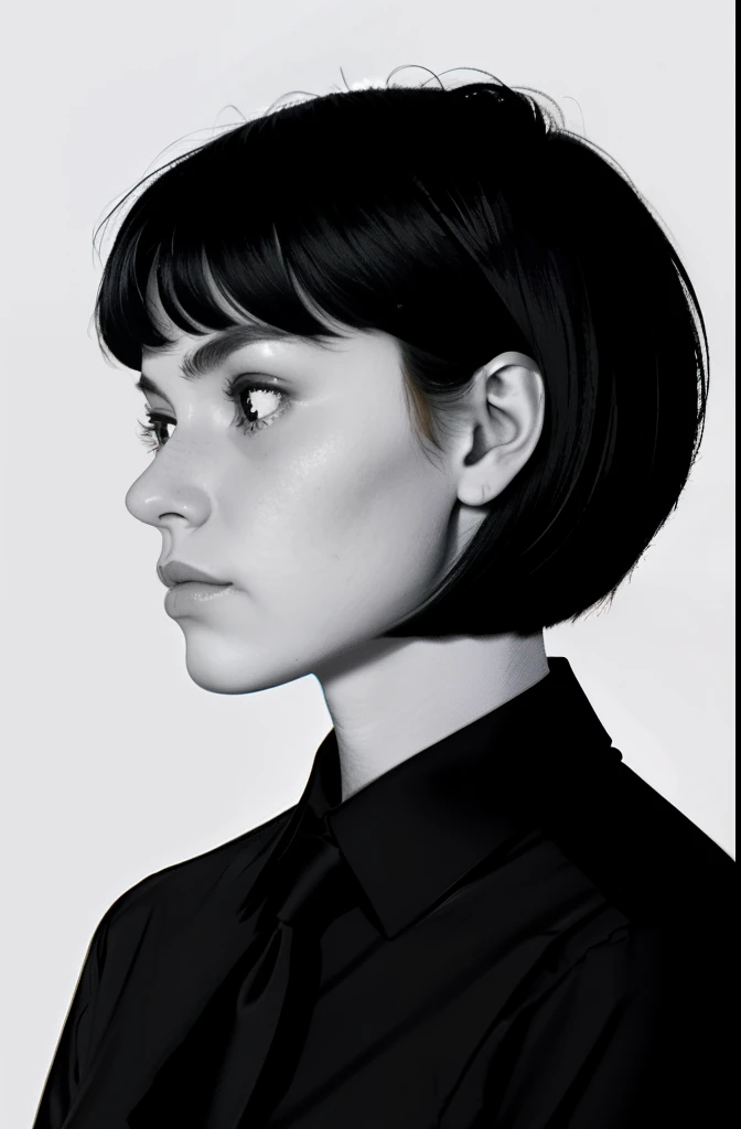 a 1girl, body complet, very detail, a lot of details, very extremely beautiful,  ((tmasterpiece, minimalism)), (Short Hair Hair), black necktie, Red shirt, bright colours, looks into the distance,