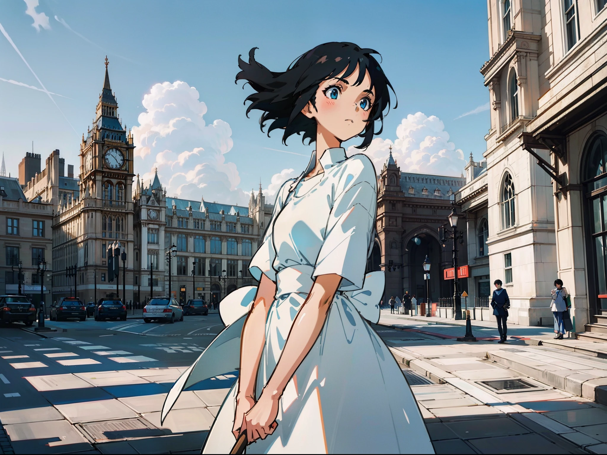 The girl wears a white shirt on her upper body，Short black hair，Realistic lighting，with blue sky and white clouds，clear skies，beauitful face，Delicate makeup，8K，Ultra-clear，High-quality graphics，infinite details，style of anime，A gentle breeze，the street，london，looks into camera，frontage