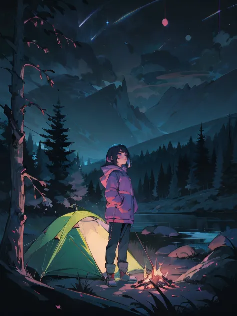 high-level image quality, ultra-detailliert, Woman camping, (Night:1.5), bonfire, the woods, a river, milkyway, landscapes, Pastel Vector Eyes, HyperSmoke, Dark background,