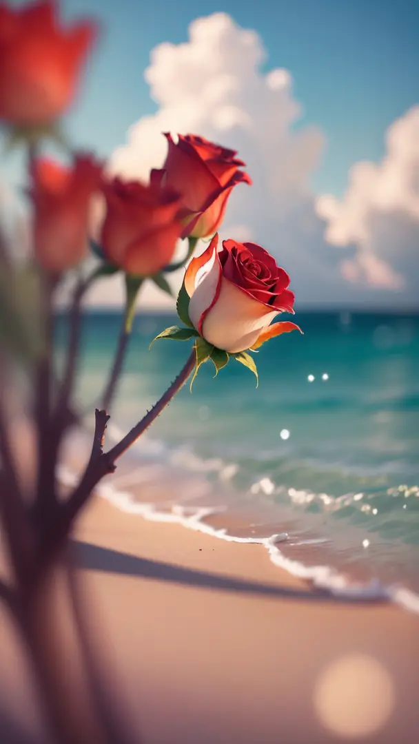 delicate scene,depth of field, 8K, The ivory sky,white clouds,and sunlight shine on the snow-white beach. The coral sea,and many colorful tinny shells on the beach,red roses, roses focus, --auto --s2
