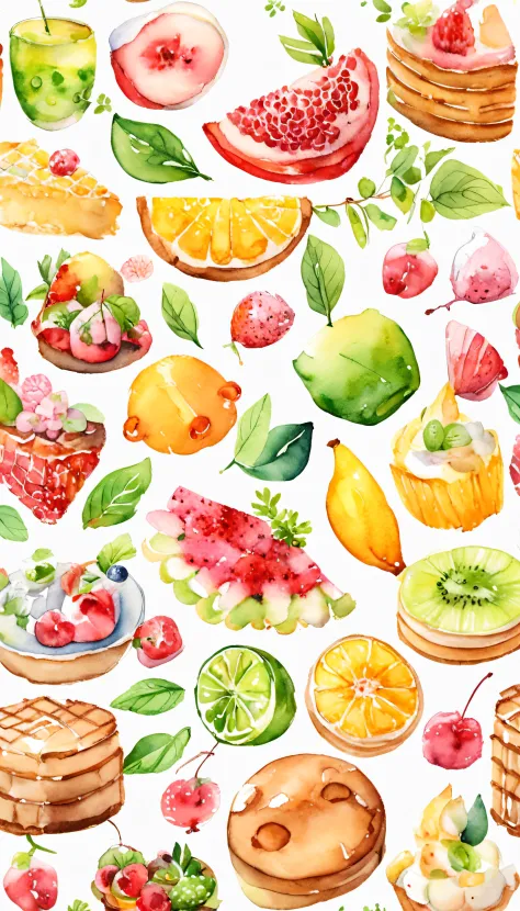 （pastelcolor:1.2)、(cute illustration:1.2)、(watercolor paiting:1.2)、white backgrounid、florals、green leaf、the fruits、tropical fruit、citric acid、acid、Sweet and sour、Light pinkish green throughout、Waffles、breads、delicacies、Cupcakes、Tiramisu、Cream cake、patisser...