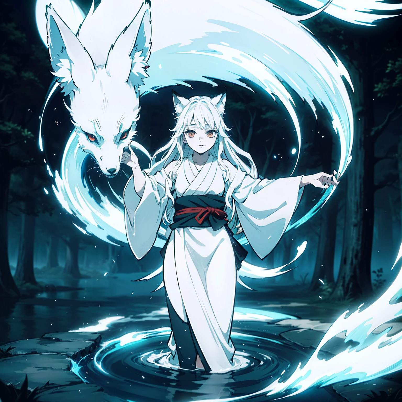 a beautiful and ethereal fox spirit dressed in a flowing white Chinese ...