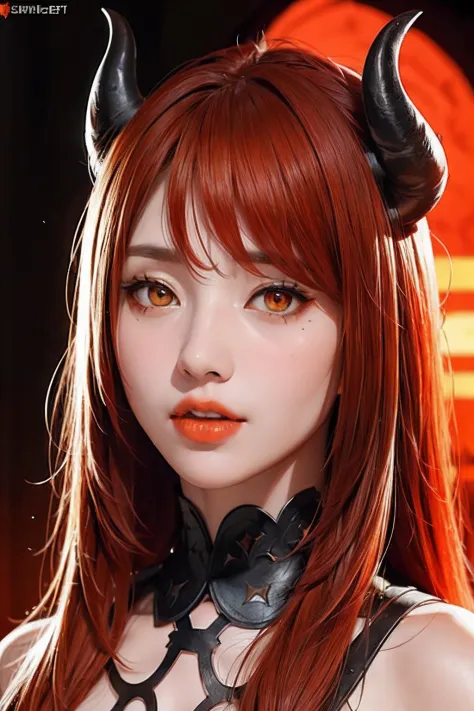 Woman, black horns, orange eyes, red hair, medieval ancient background