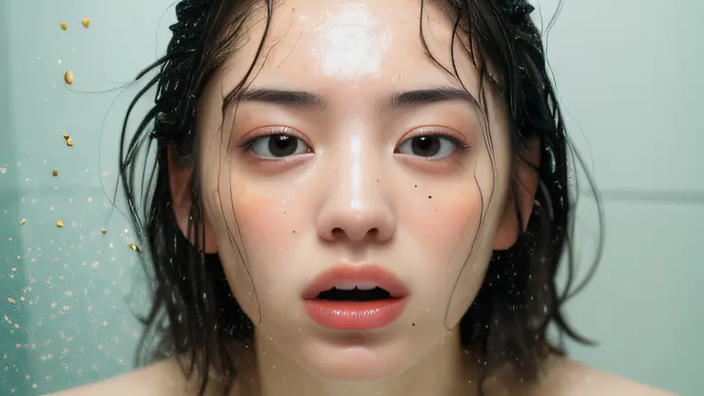 ((top quality, 8k, masterpiece: 1.3)), woman (naked in hot springs), sweating, water droplets on forehead of face, outdoors, bac...