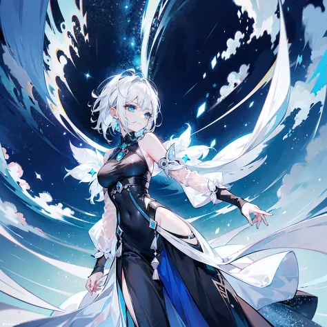 a woman,short white hair styled into a Mohawk,long black garments,clear blue eyes,ethereal elegance,beautiful,stars scattered across her dress,a temple in the clouds  as a background