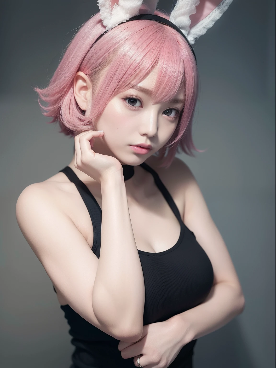 Large black tank top、Damaged jeans、Pink Shortcut Bob、Realistic rabbit ears、rabbit ears pink hair sticking out of the head,、Bewitching atmosphere、Beautiful shaped hands、K-POP、Pink rabbit ears、1 girl in、solo、​masterpiece、top-quality、realisitic、Hyper-detailing、(Glossy skin:1.4)、absurderes、short pink hair、Slender beauties、Dynamic Lighting、hight resolution、sharp focus、depth of fields、(thick thight:1.0)、A slender :1.2、((Short-cut bob hair))、((k pop:1.3))、Highly detailed facial and skin texture、((Enchanting))、Anatomically correct number of fingers、Correct anatomy、