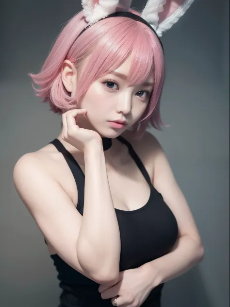 Large black tank top、Damaged jeans、Pink Shortcut Bob、Realistic rabbit ears、rabbit ears pink hair sticking out of the head,、Bewit...