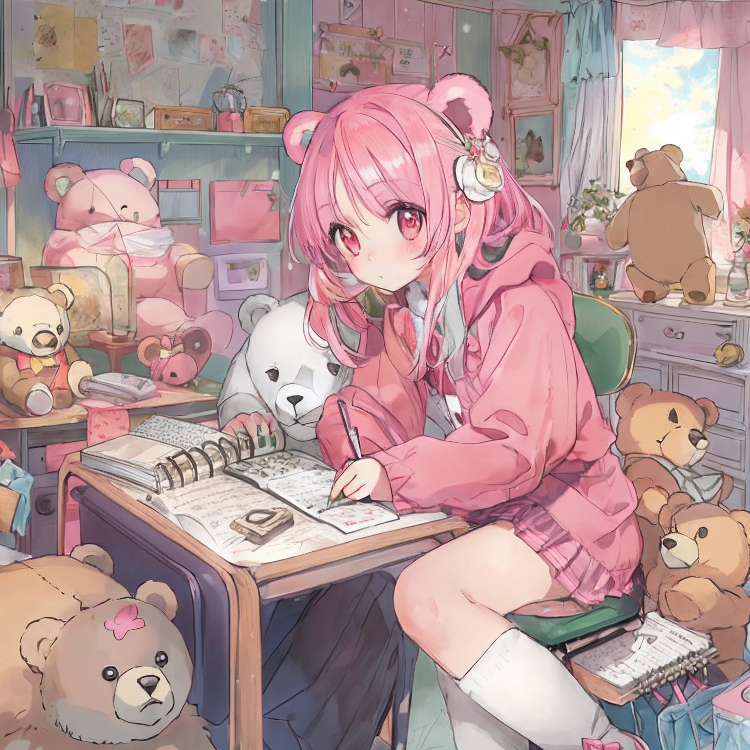 absurderes, hight resolution, (Anime style:1.1), ((masutepiece)), ((Best Quality)), (Ultra-detailed), (Beautiful), 独奏, Beautiful face、(liftup),12year old、Your own cute room、pink wall paper、Lots of stuffed animals lined up.、Realistic beautiful stars々、(Cute girl with bear ears sitting on chair and writing diary on desk:1.4)、Bright pink colorful hair, Glowing red eyes,Looking at Viewer,Lens Flare,Dramatic,(There is a real bear next to it:1.2)、Mini skirt、full body Esbian