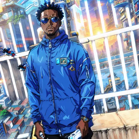 African man in blue hoodie jacket, wearing sunglasses, standing in a futuristic city, album photo, discovered photo, taken in th...