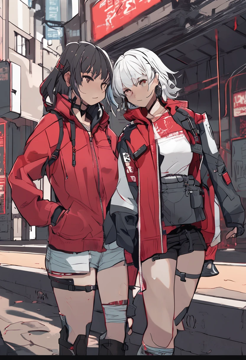 Two anime girls in red jackets standing on a city street - SeaArt AI