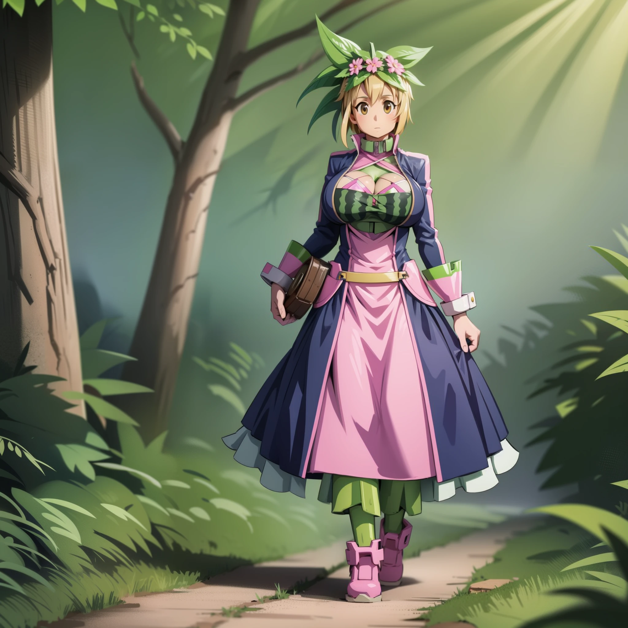 kanna blaster master, flora fauna, female,, huge chest, full clothed dress, walking