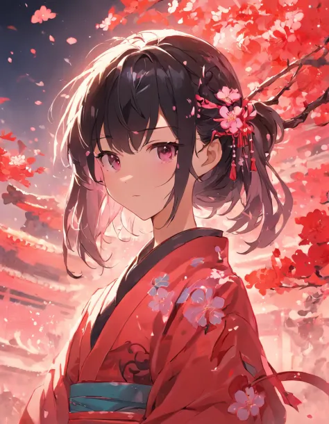 Danfeng Eyes，bushido，The upper part of the body，Black coiled hair，Simple hairpins，Cold eyes，solo person，orthofacial，frontage，Peach blossom background，Highly saturated colors，Hyper Real，8K high-definition，holding a longsword，Absolutely beautiful，high light，...