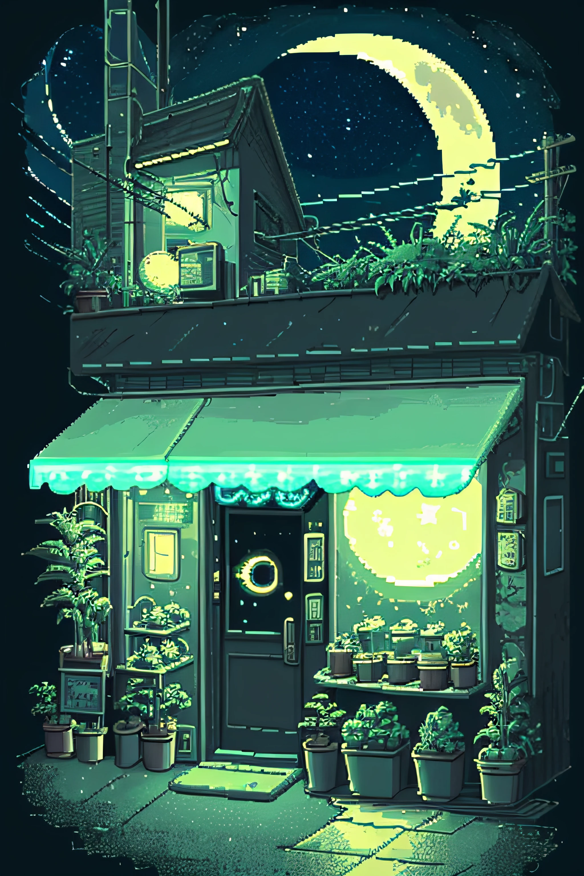 no humans, outdoors, sky, night, moon, plant, coffe shop, star (sky), night sky, scenery, city, sign, potted plant, wide shot, crescent moon, neon lights, pixel art, pixel